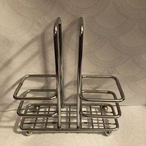 Vintage MCM Silver-Toned Metal Salt and Pepper Shakers Caddy with Napkin Holder